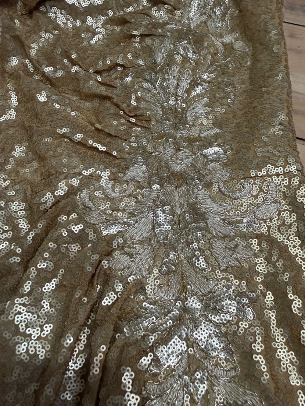 Tadashi Shoji Gold One-Shoulder Sequin Gown with Draped Sleeve - Picture 6 of 10